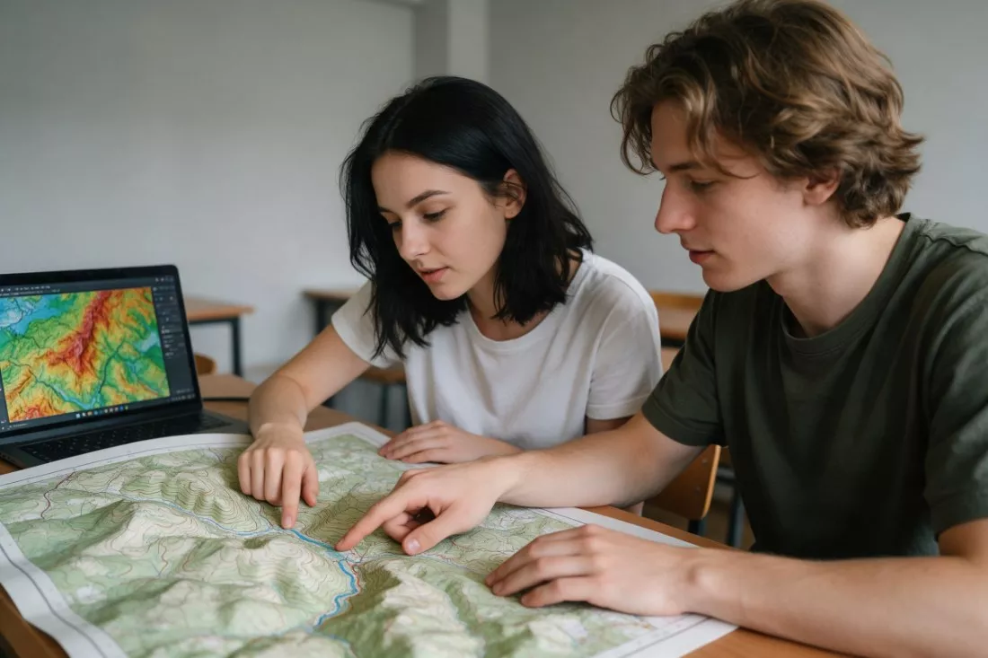 studenci-geografii-analizuja-mape-topograficzna-przy-biurku